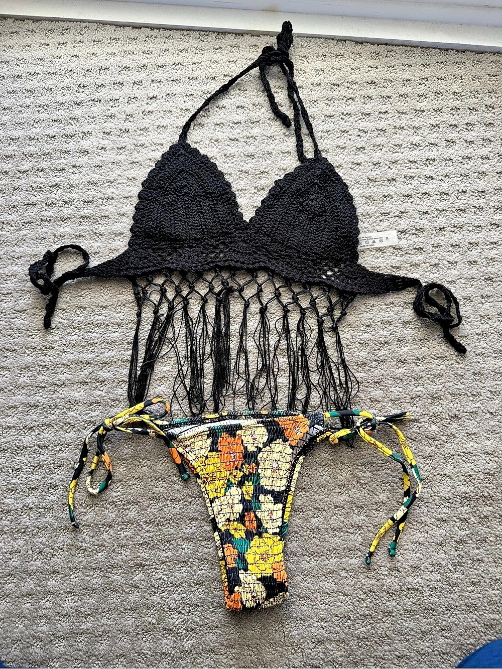 Crochet Fringe Bikini in Black & Multicolor